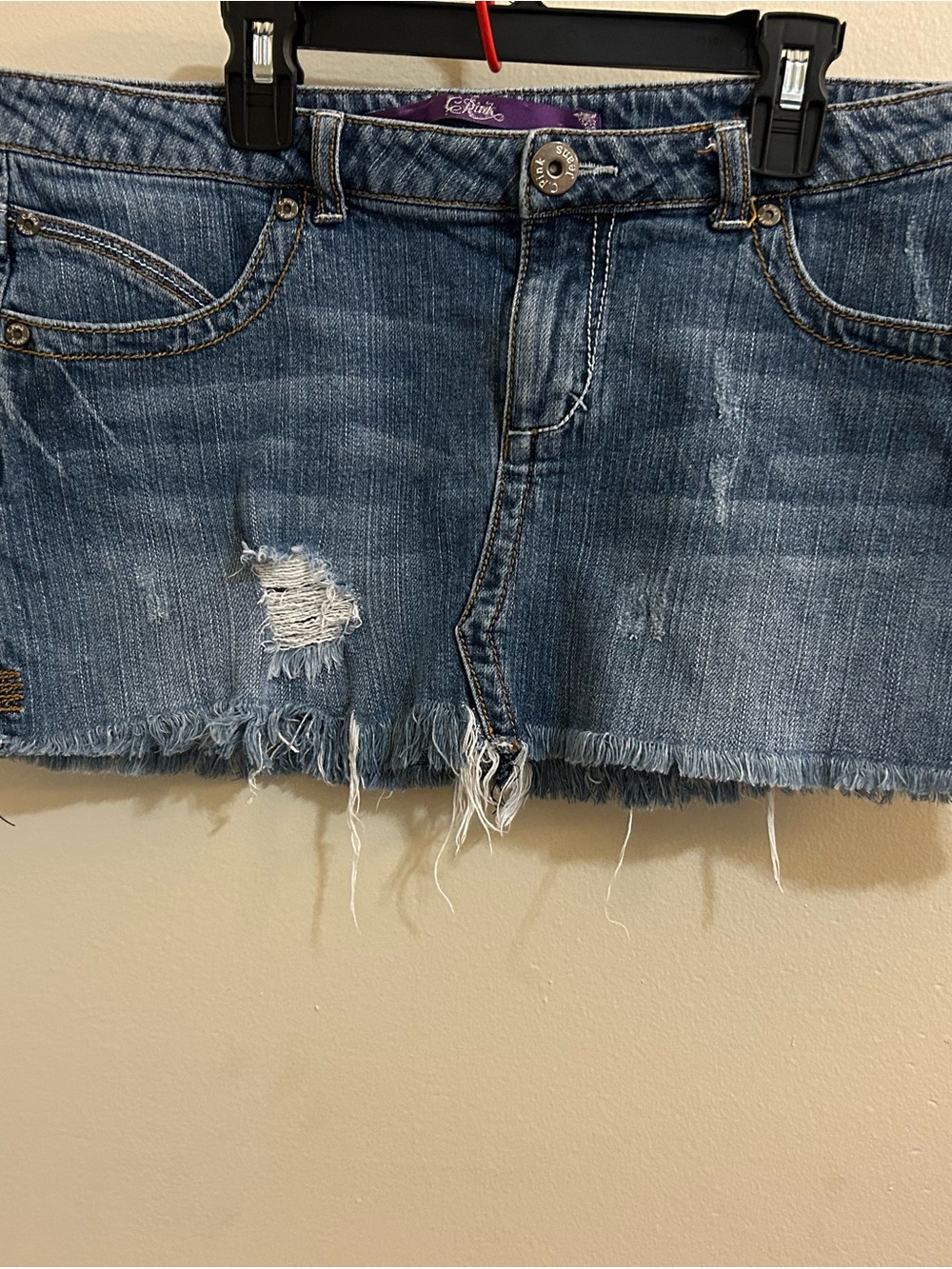Denim Distressed Frayed Hem Skirt - Blue